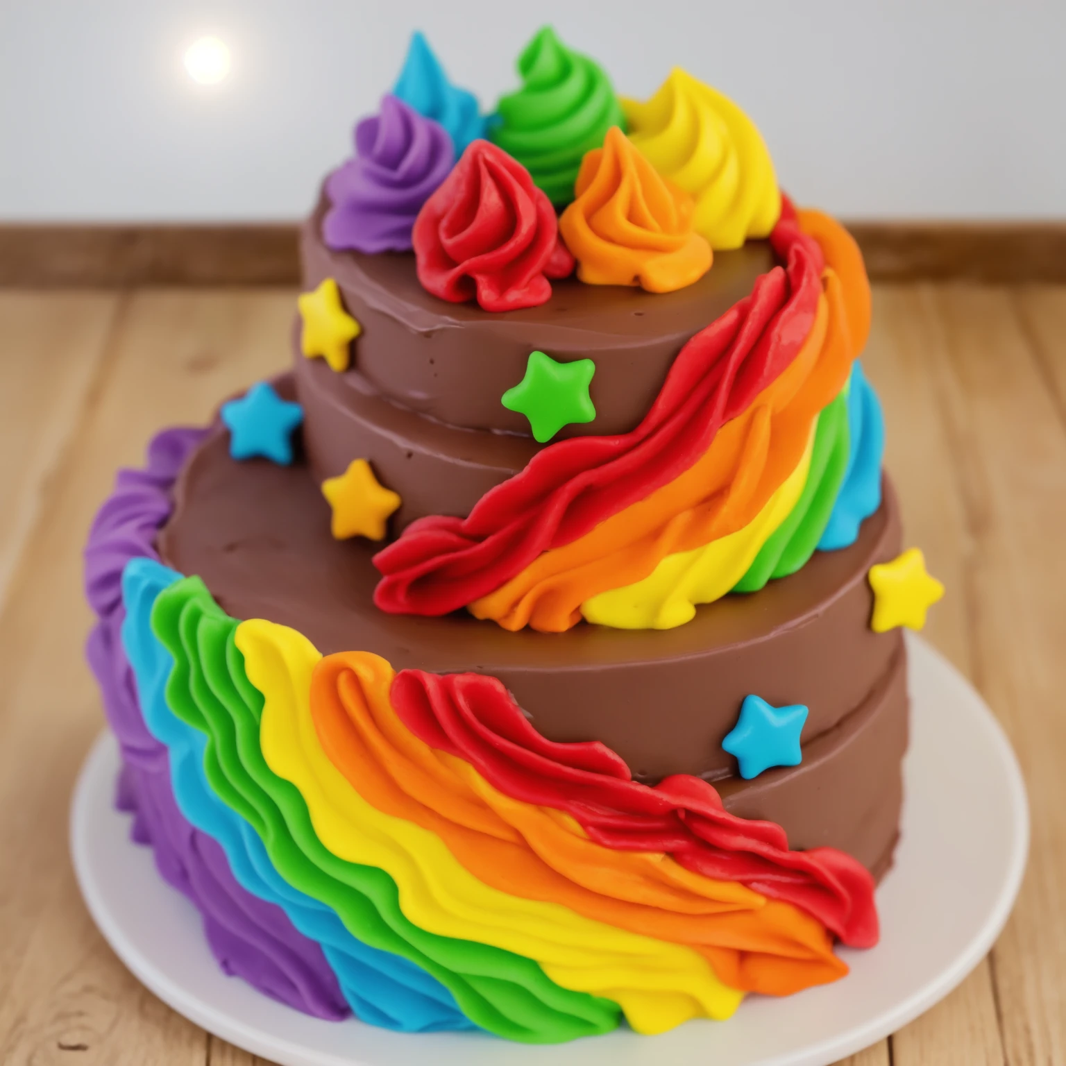 on a wooden table. there is a white plate. two-tier cake, chocolate cream cake, rainbow cream in the form of ruffles, decorated with rainbow stars made of polymer clay, multi-colored cream on top, against the background of the kitchen, Beautiful light from the window, Contour light, several light sources, beautiful lighting, Bright light source, bright lighting, beautiful light sources, Multiple light sources, Realistic style , realistic texture, detailed texture, A high resolution, high quality, beautiful photo of the cake, advertising photo, macro photography