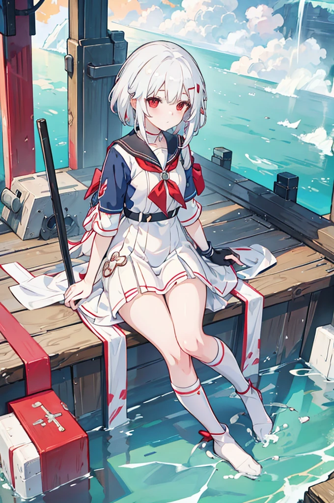Anime Girls with white hair and red bow sitting on the ground, Sailor dress, Cute girl anime visuals, an Anime Girls, cute Anime Girls, , young Anime Girls, Anime Best Girl, (Anime Girls), pretty Anime Girls, White Hair Girl, beautiful Anime Girls, Anime Girls、White background、Full-body portrait、Brown boots、Red Eyes、Marine color dress、Knee-high socks、whiteback