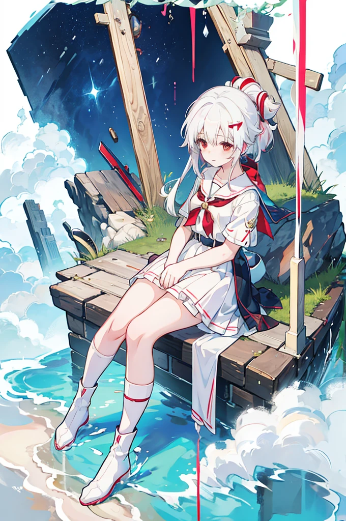 Anime Girls with white hair and red bow sitting on the ground, Sailor dress, Cute girl anime visuals, an Anime Girls, cute Anime Girls, , young Anime Girls, Anime Best Girl, (Anime Girls), pretty Anime Girls, White Hair Girl, beautiful Anime Girls, Anime Girls、White background、Full-body portrait、Brown boots、Red Eyes、Marine color dress、Knee-high socks、whiteback
