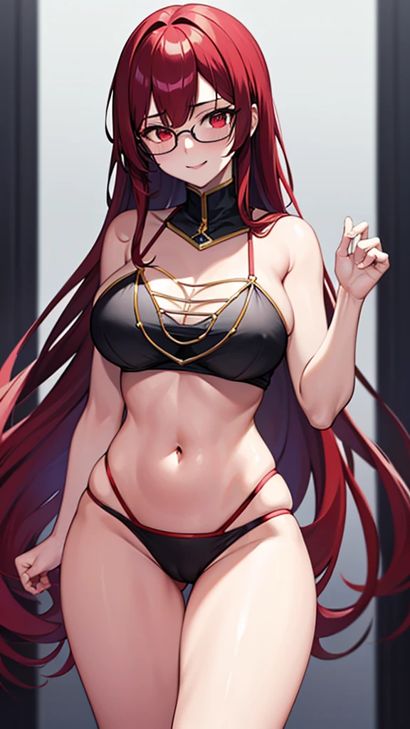 (Masterpiece), (best quality), 20 year old girl, long red hair, red eyes, solid round eyes, smile softly, shadow, 8K, Awesome details, precise, best quality, UHD, textured skin, Black glasses, (ชุด black sexy bikini),