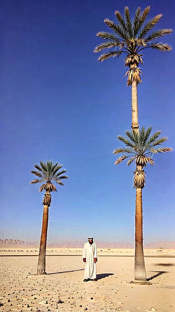 an upright Muslim individual standing in the middle of a vast and barren desert. Around it there are several thin and dry date palm trees