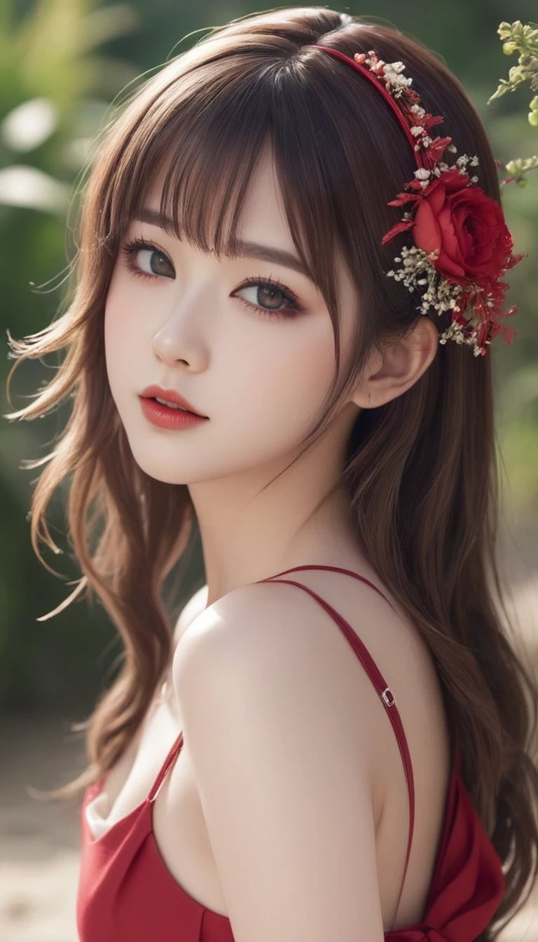 (masterpiece),(best quality:1.0), (ultra highres:1.0), detailed illustration, 8k, anime, 1girl, beautiful anime girl, wearing a red dress, flower crown, pretty face, detailed face, beautiful eyes, detailed eyes, dark red eyes, bright red lips, red lipstick, beautiful stylish hair, highlights in hair, bangs anime style, best quality, vibrant, beautiful round & c cup boobs naked on beach