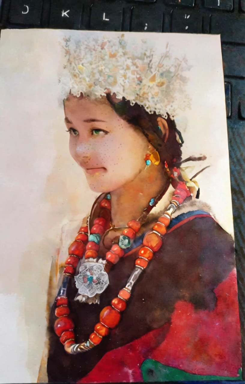 (watercolor:1.2),1girl, solo, flower, sunflower,freckles, portrait, leaf, bangs, signature, yellow flower, brown hair, long hair, green eyes, hair between eyes, flower earrings