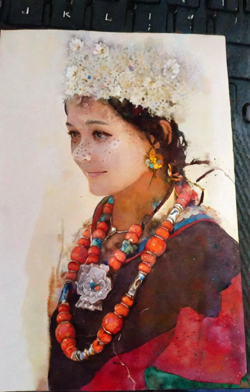 (watercolor:1.2),1girl, solo, flower, sunflower,freckles, portrait, leaf, bangs, signature, yellow flower, brown hair, long hair, green eyes, hair between eyes, flower earrings
