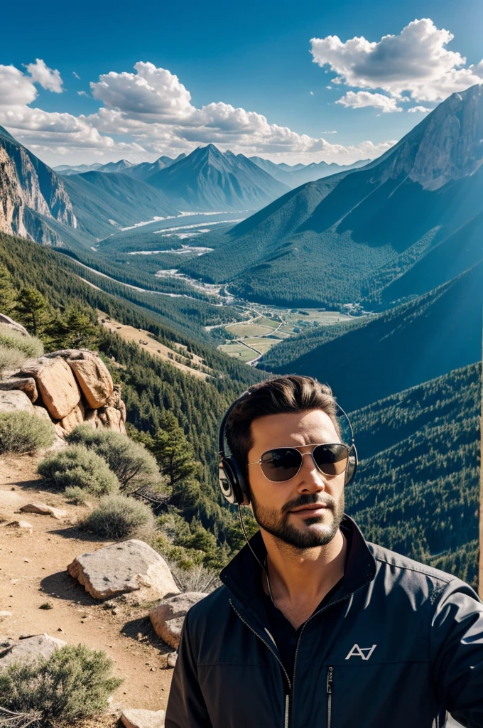 a man wearing sunglasses and headphones standing in front of a mountain with a sky background and a rock formation, inspired by Daryush Shokof, trending on aestheticism, promotional image, a selfie