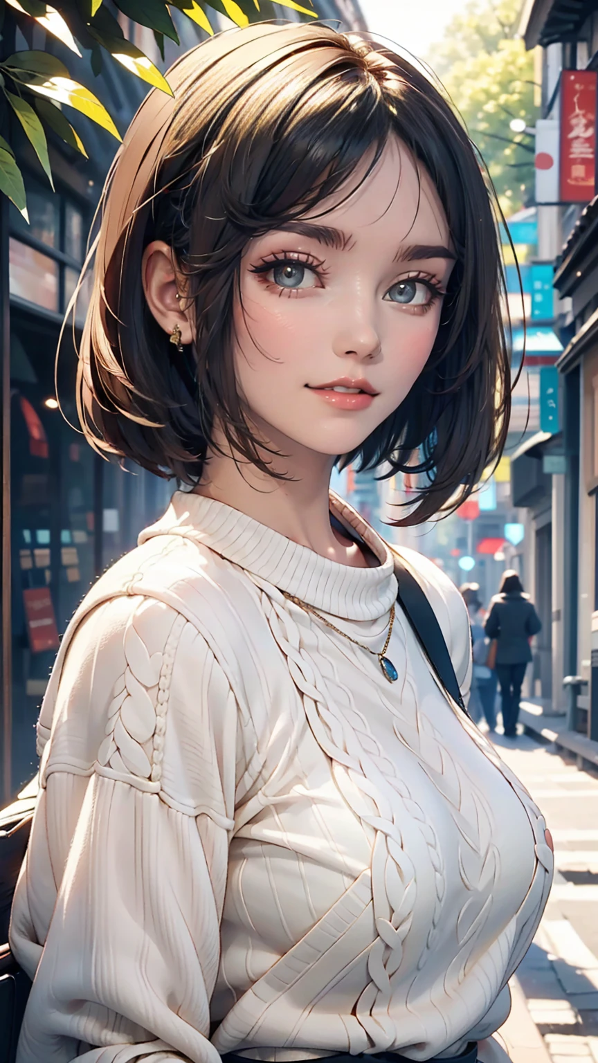 Short hair and white Summer knitwear, Summer knitwear, short hair, short hair with bangs, girl with a cute face, Portrait cute beautiful face, French Bob, White skin!!, 短い茶色の髪とBig eyes, Soft Portrait Shot 8k, Beautiful light、Big eyes, Beautiful girl, Young girl with bob cut, Best image quality, masterpiece, Leonardo da Vinci&#39;s Notebooks Da Vinci, Leonardo da Vinci&#39;s manuscript in the background、Sexy proportions、Sexy、Narrow waist、Wear accessories on your wrist、Attach a necklace