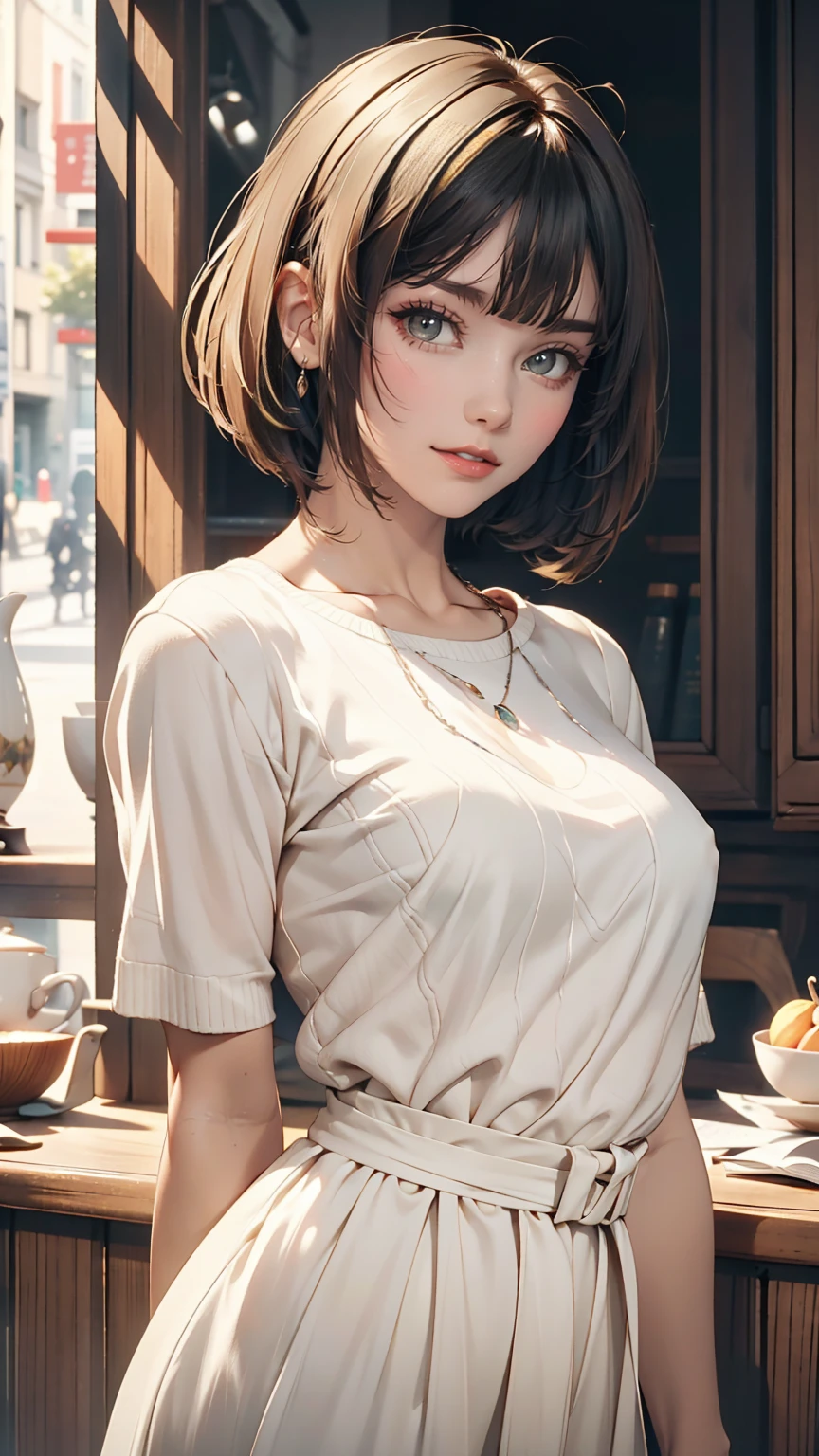 Short hair and white Summer knitwear, Summer knitwear, short hair, short hair with bangs, girl with a cute face, Portrait cute beautiful face, French Bob, White skin!!, 短い茶色の髪とBig eyes, Soft Portrait Shot 8k, Beautiful light、Big eyes, Beautiful girl, Young girl with bob cut, Best image quality, masterpiece, Leonardo da Vinci's Notebooks Da Vinci, Leonardo da Vinci's manuscript in the background、Sexy proportions、Sexy、Narrow waist、Wear accessories on your wrist、Attach a necklace