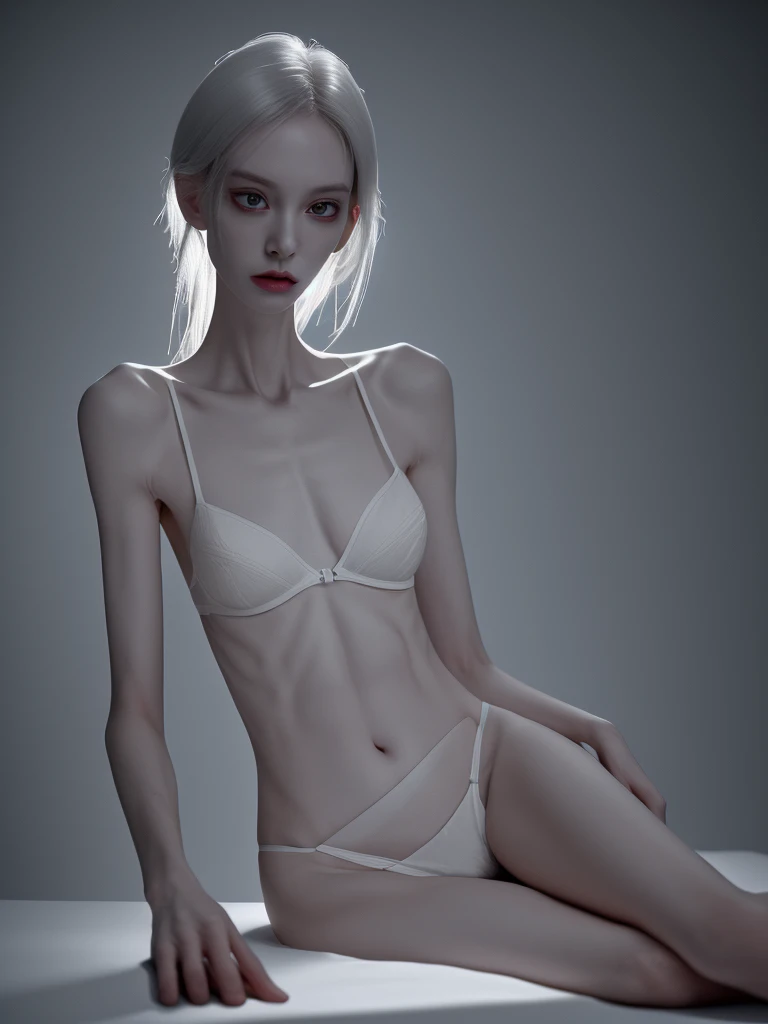a woman with an extremely thin, emaciated body, visible bones, very slender figure, pale white skin, wearing only panties and a bra, full body tattoo, full body shot, having a mental breakdown, (best quality,4k,8k,highres,masterpiece:1.2),ultra-detailed,(realistic,photorealistic,photo-realistic:1.37),extremely detailed eyes and face,longeyelashes,dramatic lighting,high contrast,cinematic