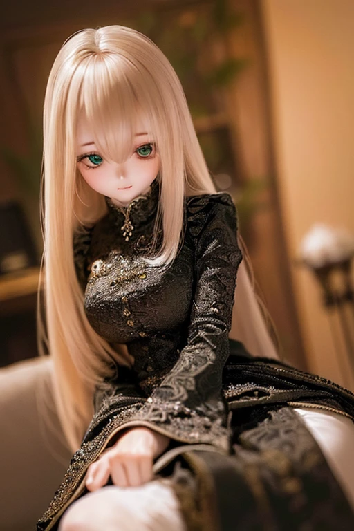 photorealistic, realistic photo, ((highest quality)), ((masterpiece)), (extremely detailed), kukolnydom, doll, (mature woman:1.7), solo, eye level shot, sitting on sofa, hands on knees, green eyes, (looking down, blank eyes, empty eyes, detailed eyes:1.3), light smile, dress, museum, 8k