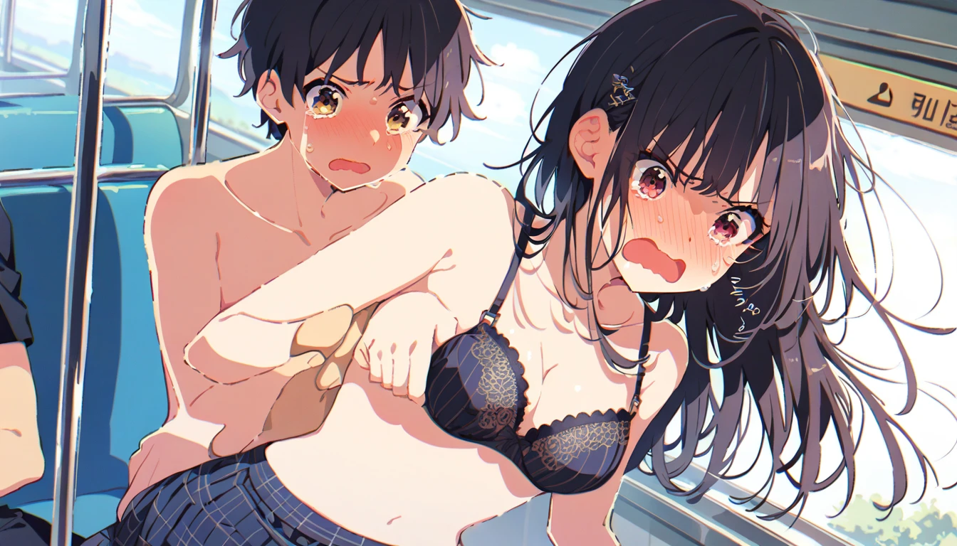 A naked middle-aged man is grabbing the bra of a crying, pure, topless girl with black bob hair, erect nipples, pale pubic hair, floral patterned bra, floral patterned panties and a checked skirt in a train, feeling embarrassed and scared and resisting.