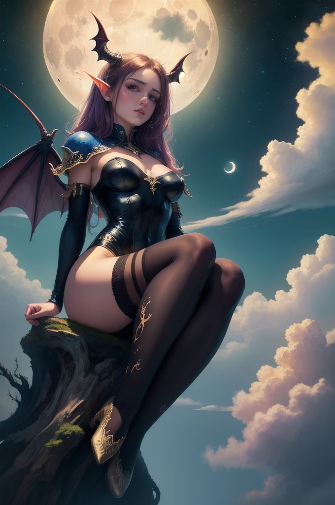 ((best quality)), ((masterpiece)), (detailed), succubus, ethereal beauty, perched on a cloud, (fantasy illustration:1.3), enchanting gaze, leotard, pantyhose, stockings, bodysuit, captivating pose, delicate wings, otherworldly charm, mystical sky, large moon, moonlit night, soft colors, (detailed cloudscape:1.3), (high-resolution:1.2), from below, (rating_explicit), (score_9, score_8_up, score_7_up, score_6_up, score_5_up, score_4_up, high res, 4k)