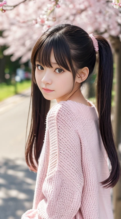 Standing under a cherry tree, Japanese Girls, 15 years old, a bit, cute, (Pale pink oversized knit sweater:1.3), Sparkling Eyes, Black hair twin tails, Depth odebt the bounds written, debt/1.8, Anatomically correct, Rough skin, Very detailed, Advanced Details, high quality, Very detailed, Advanced Details, high quality, 最high quality, High resolution