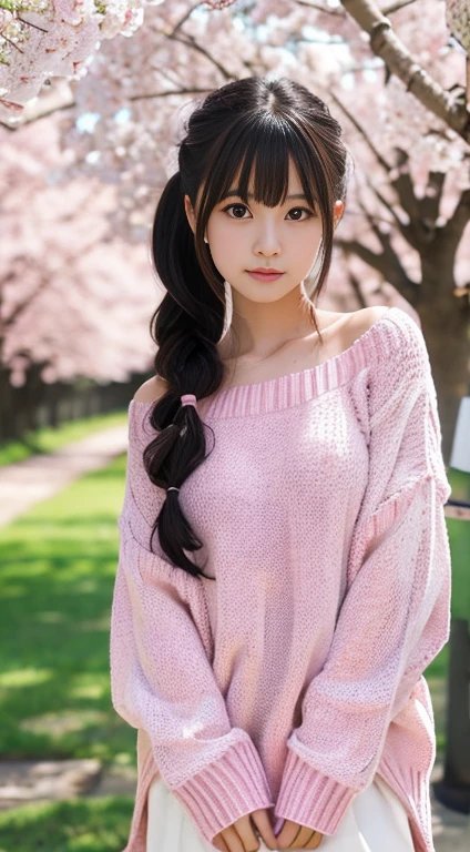 Standing under a cherry tree, Japanese Girls, , a bit, cute, (Pale pink oversized knit sweater:1.3), Sparkling Eyes, Black hair twin tails, Depth odebt the bounds written, debt/1.8, Anatomically correct, Rough skin, Very detailed, Advanced Details, high quality, Very detailed, Advanced Details, high quality, 最high quality, High resolution