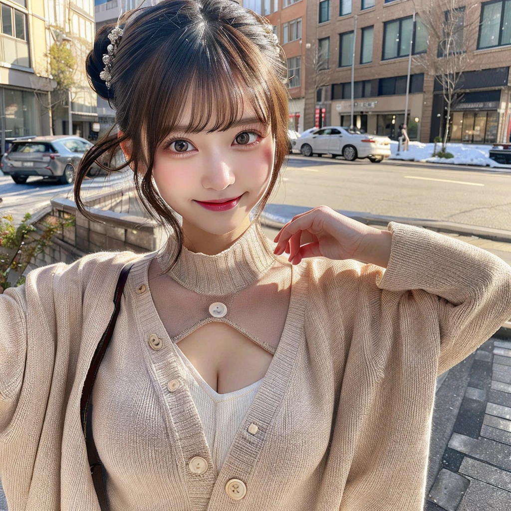 masutepiece, Best Quality, Illustration, Ultra-detailed, finely detail, hight resolution, 8K Wallpaper, Perfect dynamic composition, Beautiful detailed eyes, Trendy Women's Fashion Winter Clothes,Bun hair,Small breasts natural color lip, sexypose,Smile,Harajuku、20 years girl、Cute、is looking at the camera