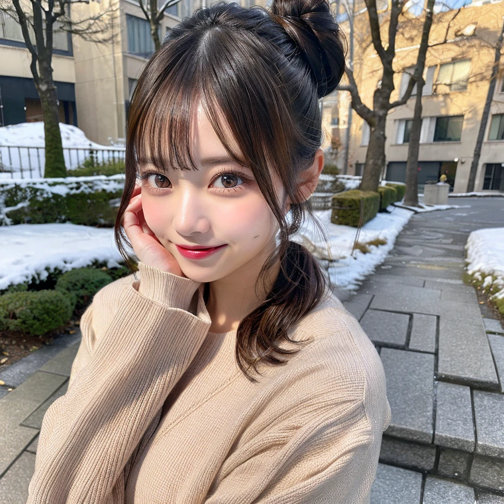 masutepiece, Best Quality, Illustration, Ultra-detailed, finely detail, hight resolution, 8K Wallpaper, Perfect dynamic composition, Beautiful detailed eyes, Trendy Women's Fashion Winter Clothes,Bun hair,Small breasts natural color lip, sexypose,Smile,Harajuku、20 years girl、Cute、is looking at the camera