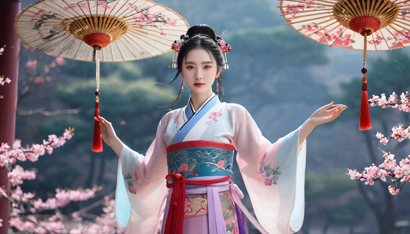 Hanfu Show。RAW photos,Best quality,(reality,照⽚reality感:1.3),masterpiece,Extremely exquisite and beautiful,High resolution,Original,Perfect lighting,(Extremely detailed CG:1.2),Unification,2k wallpaper,Amazing,fine