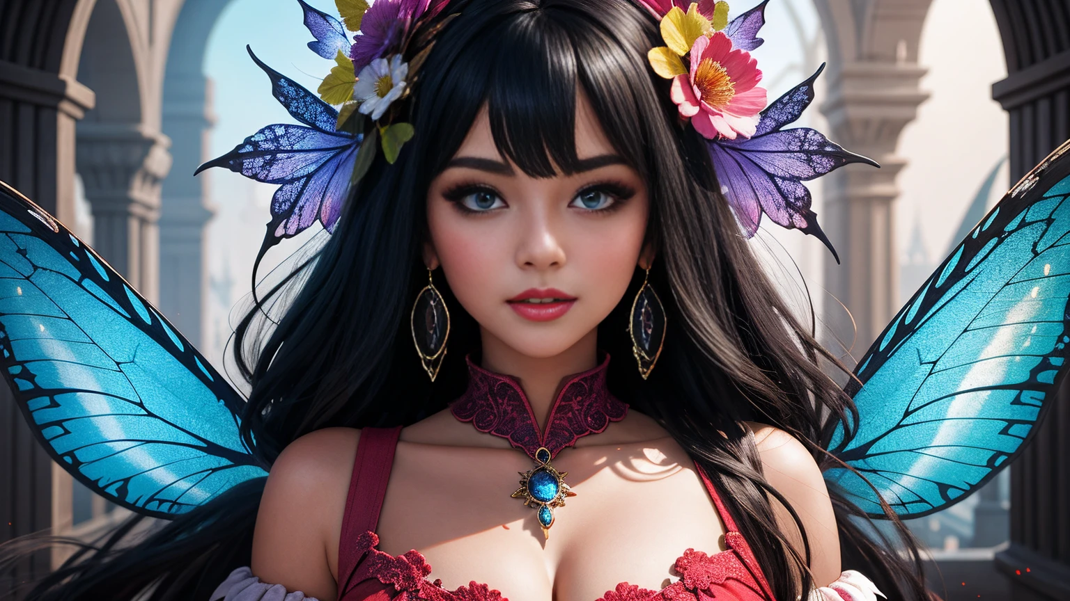 (Best Quality, 8K, Masterpiece: 1.2), Very Detailed Face, Beautiful Detailed Eyes, Beautiful Detailed Lips, Ultra Detailed Big Breasts, Extremely Profiled Breasts, Extreme Detail Description, Vivid and Intense Colors, Vibrant Colors, Bright Magic Aura, Ethereal Lighting, Arafed Woman in a Dress, Fairy Queen, Fantasy Art Style, Cute Fairy, Beautiful Fantasy Art, Amazing Fantasy Art, Fairy,  Cute and Sexy Fairy Queen, HD Fantasy Art