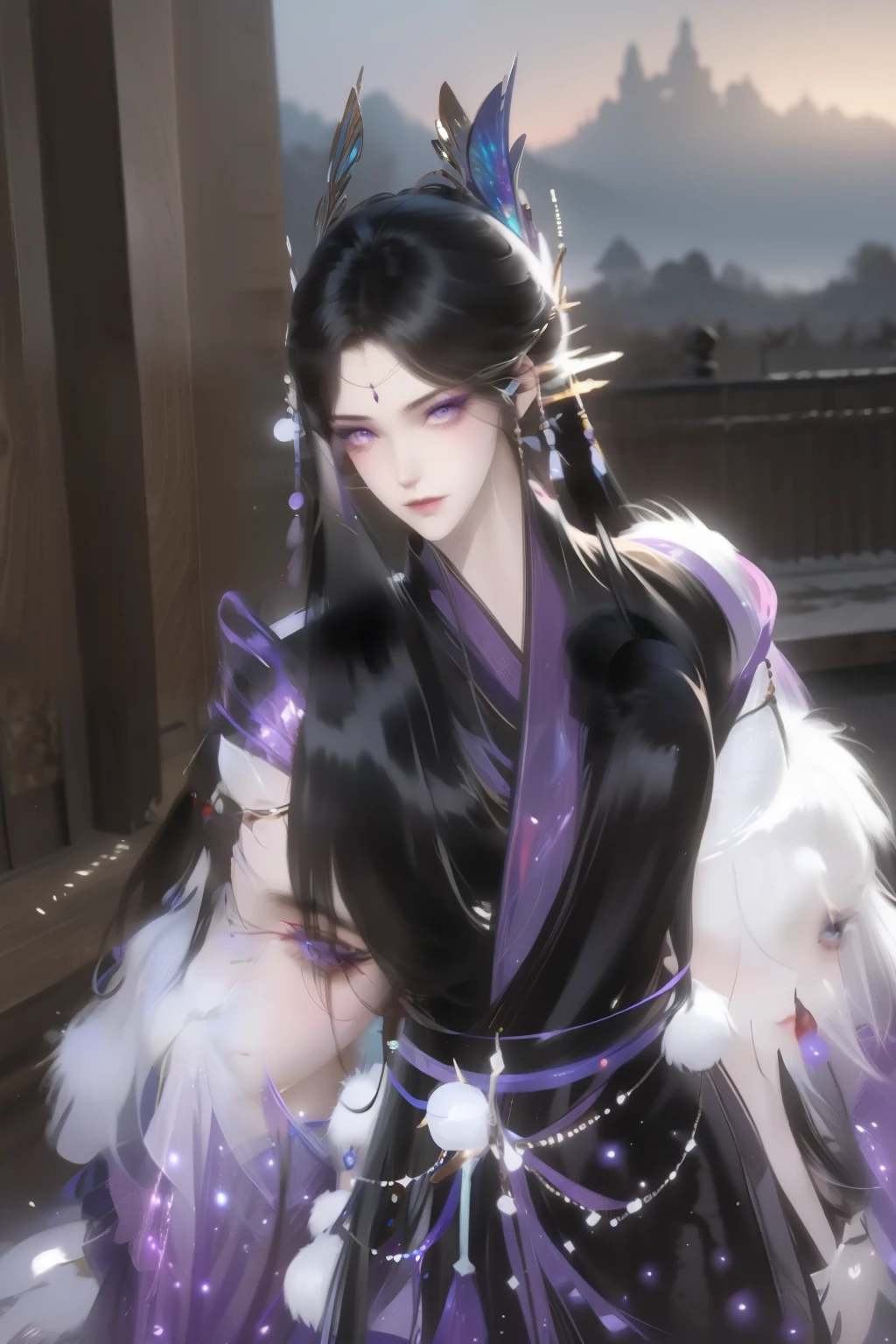 A handsome Chinese girl, Sharp eyes, Clear facial features, Wearing Hanfu, Fighting Stance, Martial Arts Action, The body is surrounded by purple mist, Surrounding Runes, Holographic Reality, Holographic Aura, Motion Blur, Game lighting effects, Rim Light, Soft Light, movie Rim Light, Exquisite lighting, masterpiece, Very detailed, Epic Composition, Ultra HD, high quality, best quality, 32k