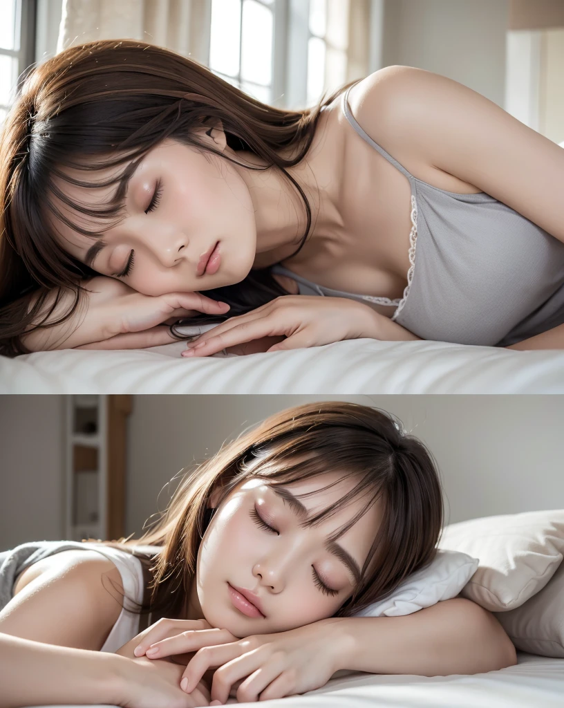 (Highest quality, 32k, High resolution, Masterpiece:1.5, ), marimo_jet, god々A photograph with brilliant dazzling and healing power., Evoking a sense of calm and elusive beauty, Expressing emotions, Have a rich imagination,Beautiful Japanese Girls, ((One person:1.7)), ((Sleeping in bed:1.4)), An exceptionally beautiful face, Small Face Beauty, Perfect Human Anatomy, Motherhood and generosity, Deep Love, Innocent sleeping face, Close ~ eyes, Shiny brown hair, Intricately detailed long hair, Asymmetrical bangs, Hair between the eyes, Transparent, soft white skin, Sharp eyebrows, Thin lashes, No makeup, Pale pink detailed lips, , ((Grey camisole:1.2)), High resolutionの完璧な鎖骨, High resolutionの美しい胸元, Slim figure with ample breasts, High resolutionの美しい太もも, ((A bright room with morning sunlight streaming in:1.3)), ((White bed:1.3)), Professional Lighting, Professional photographer, Professional models, god秘的