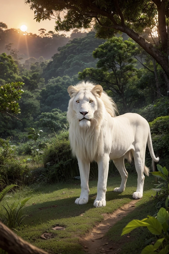 White lion in the jungle,male,strong,sad,Look into the distance,Sunset,forest,Japanese comic style,Unreal Engine,illustration,Wide-angle lens,Realistic details,Atmospheric one