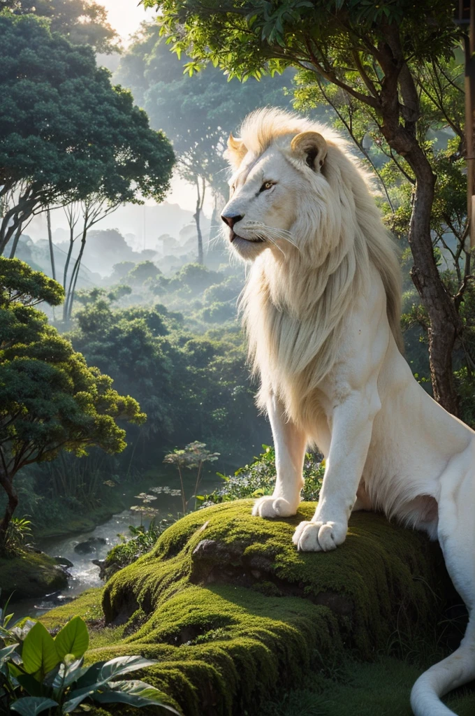 White lion in the jungle,male,strong,sad,Look into the distance,Sunset,forest,Japanese comic style,Unreal Engine,illustration,Wide-angle lens,Realistic details,Atmospheric one