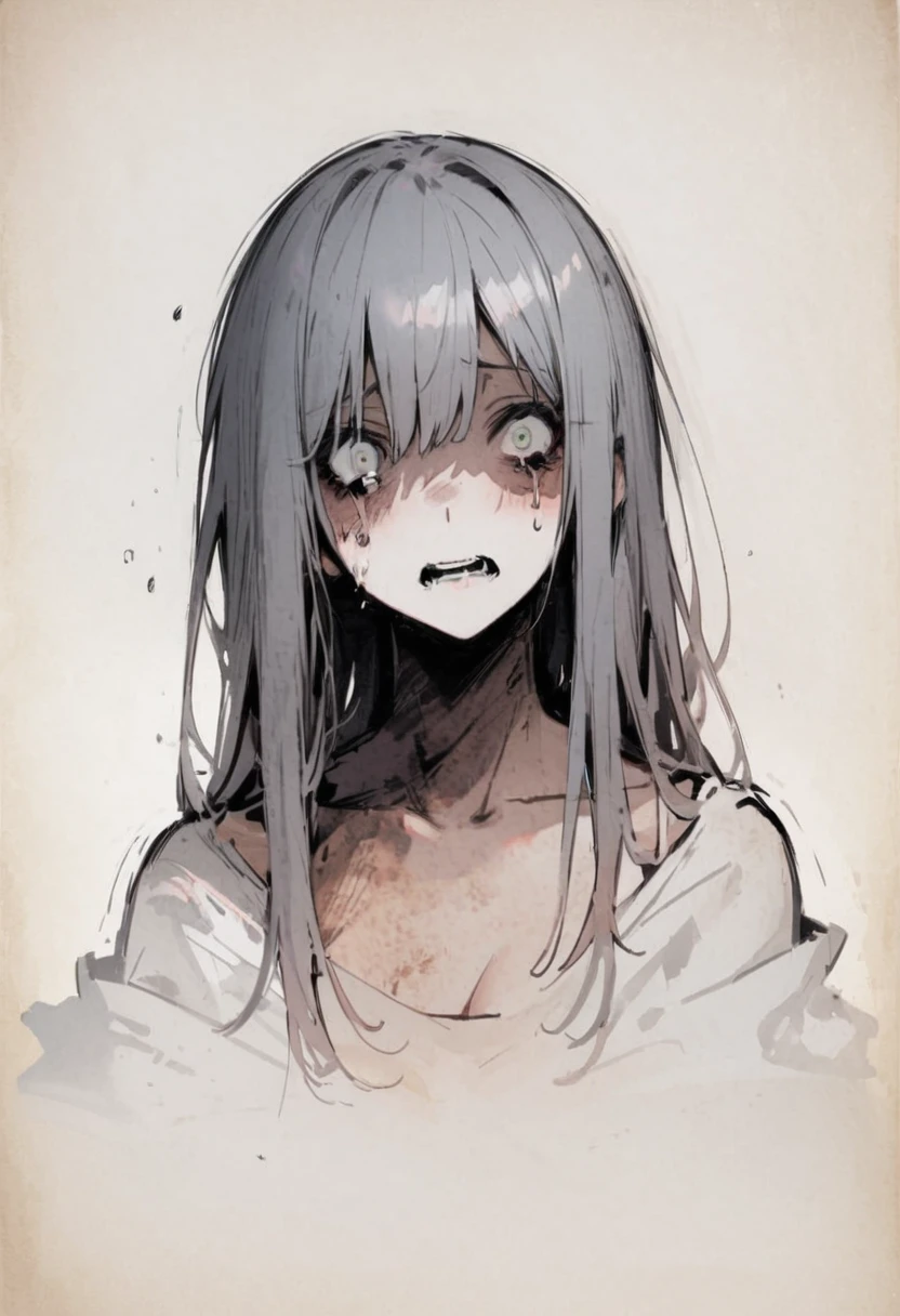 upper body shot、scared、Creepy、That's horrible、Zashiki-warashi、Japanese style、Haunted House、darkness、Late Night、kimono、Bob、Girl、Girl、Younger、Baby Face、flat chest、Black Long Hair、Dynamic Angle、Glaring、Eyes open、Flower Hair Ornaments