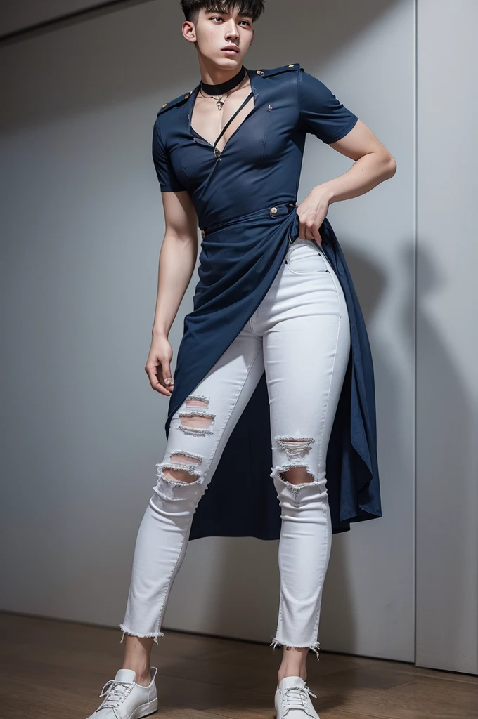 19-year-old man, white, tall, 1.90 meters tall, weighs 80 kilos. these jeans and dark blue dress blouse, hair like an army soldier