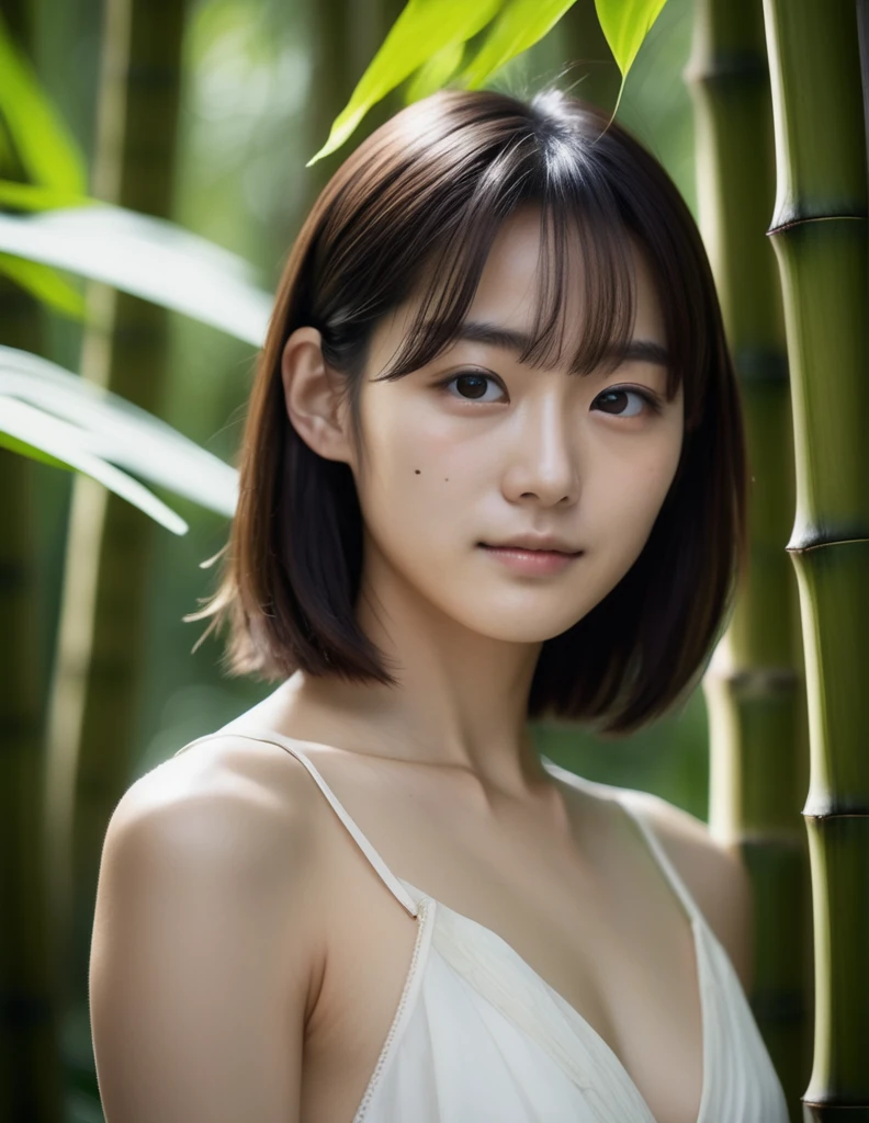 jpn-girl, Professional portrait photography of the face of a beautiful girl with (glossy nude lips) with black eyes, Nikon Z9, looking at the camera, realistic matte skin, highly detailed, skin texture visible, 20 yo,woman wearing dress,blurry background,
A tranquil bamboo forest in Japan,
,
,