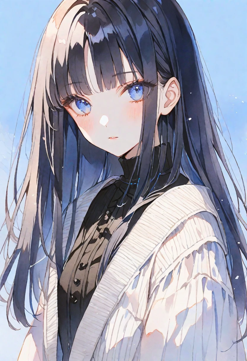 solo, Watercolor,
1. Female,
Hime cut,Straight Hair,long Hair, black hair,
blue Eyes,Soft look,ta,18 years old,
black ワンピース,Thin knit,stylish,
skin,
blue background,