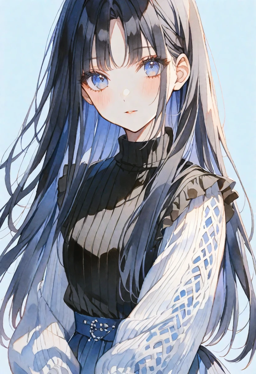 solo, Watercolor,
1. Female,
Hime cut,Straight Hair,long Hair, black hair,
blue Eyes,Soft look,Lolita,18 years old,
black ワンピース,Thin knit,stylish,
skin,
blue background,
