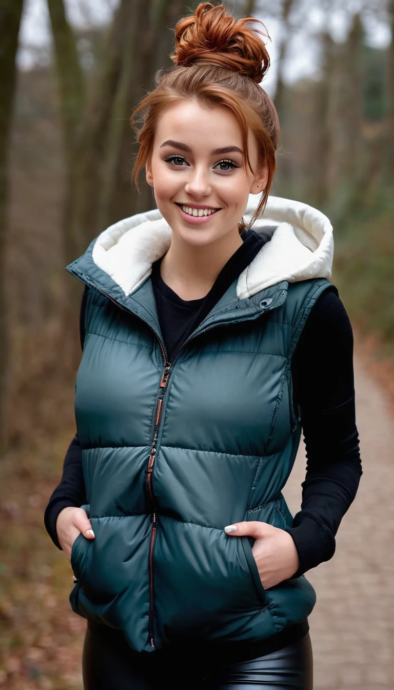 ultrarealistic high quality full body photo of a beautiful busty slim european 25-year-old woman with cute hyperdetailed shy face and natural redhead messy bun hair and shy smile , realistic round hazel eyes, natural lips, dark eye makeup with eyeliner, wearing casual hoodie with shiny puffer vest and latex leggins, hourglass body, outdoor photography, tanned