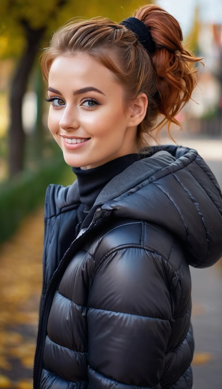 ultrarealistic high quality full body photo of a beautiful busty slim european 25-year-old woman with cute hyperdetailed shy face and natural redhead messy bun hair and shy smile , realistic round hazel eyes, natural lips, dark eye makeup with eyeliner, wearing casual hoodie with shiny puffer vest and latex leggins, hourglass body, outdoor photography, tanned