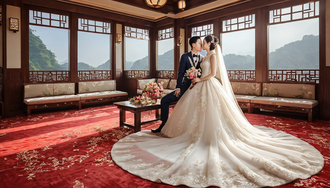 Chinese modern western style wedding scene。RAW photos，Best quality，（reality，照⽚reality感：1.3），masterpiece，Extremely exquisite and beautiful，High resolution，Original，Perfect lighting，（Extremely detailed CG：1.2），Unification，2k wallpaper，Amazing，fine