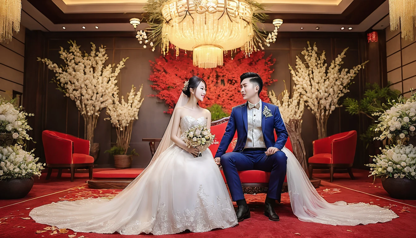 Chinese modern western style wedding scene。RAW photos，Best quality，（reality，照⽚reality感：1.3），masterpiece，Extremely exquisite and beautiful，High resolution，Original，Perfect lighting，（Extremely detailed CG：1.2），Unification，2k wallpaper，Amazing，fine