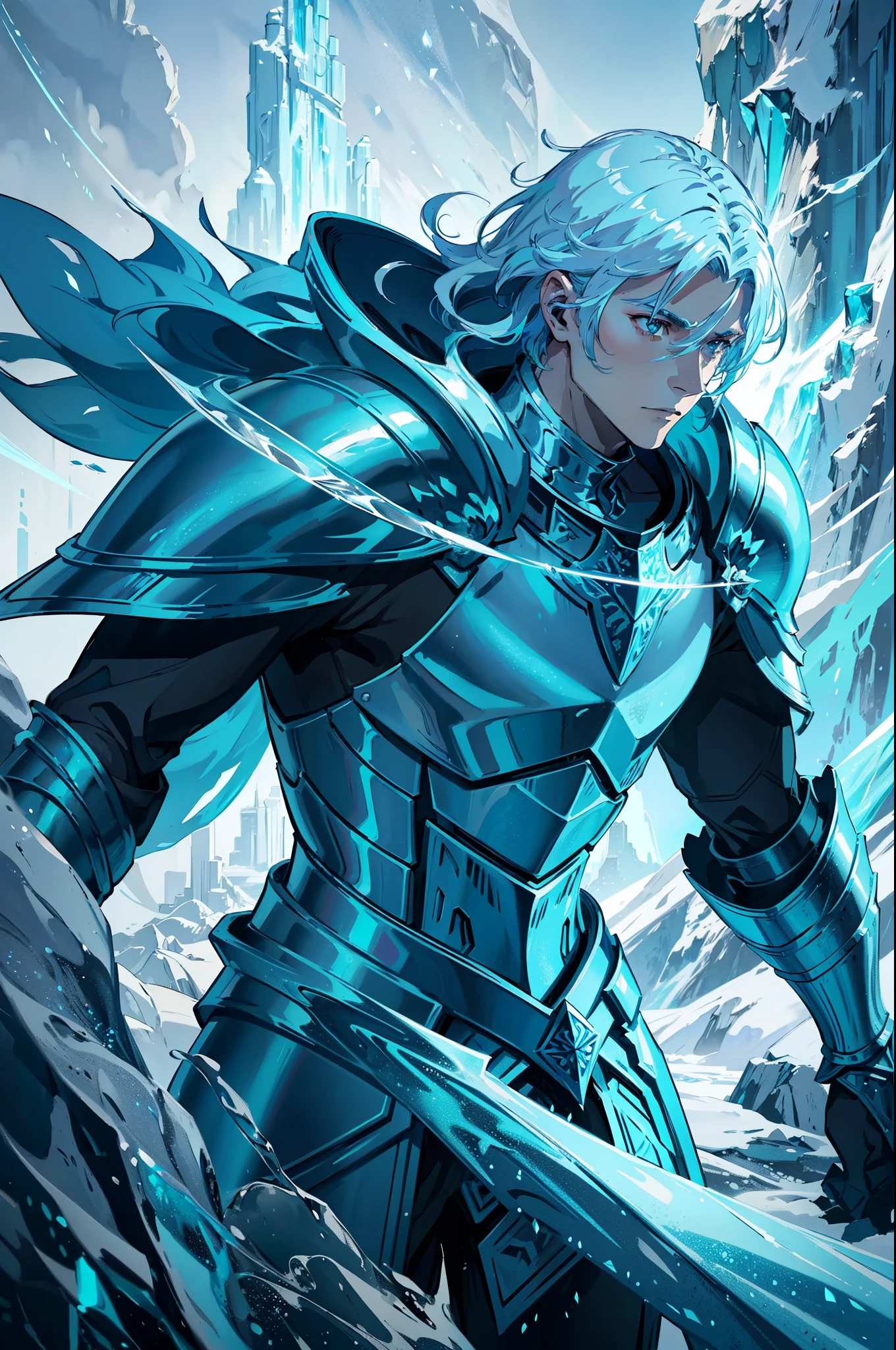 Ice knight, beautiful man with fine armor, intricate design, ocean blue details, silk, cinematic lighting, 4k, floating hair, sharp, prism, shining knight. Man with details armor.