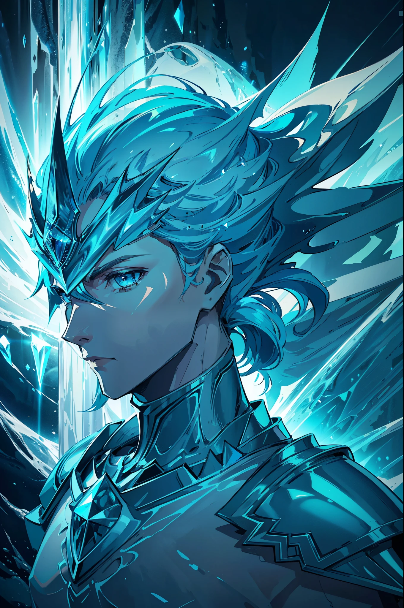 Ice knight, beautiful man with fine armor, intricate design, ocean blue details, silk, cinematic lighting, 4k, floating hair, sharp, prism, shining knight. Man with details armor. 