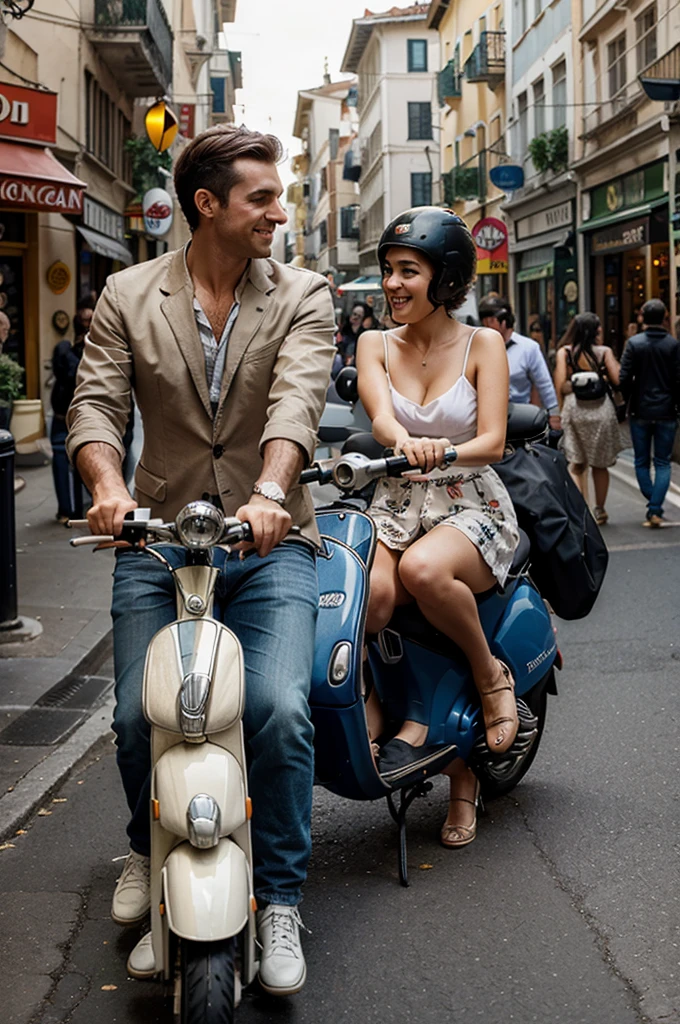 Make a caricature of a man and a woman riding a Vespa