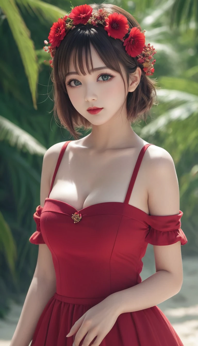 (masterpiece),(best quality:1.0), (ultra highres:1.0), detailed illustration, 8k, please do it nude, anime, 1girl, beautiful anime girl, wearing a red dress, flower crown, pretty face, detailed face, beautiful eyes, detailed eyes, dark red eyes, bright red lips, red lipstick, beautiful stylish hair, highlights in hair, bangs anime style, best quality, vibrant, beautiful round & c cup boobs naked on beach