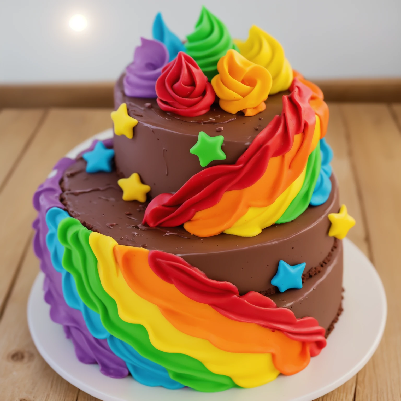 on a wooden table. there is a white plate. two-tier cake, chocolate cream cake, rainbow cream in the form of ruffles, decorated with rainbow stars made of polymer clay, multi-colored cream on top, against the background of the kitchen, Beautiful light from the window, Contour light, several light sources, beautiful lighting, Bright light source, bright lighting, beautiful light sources, Multiple light sources, Realistic style , realistic texture, detailed texture, A high resolution, high quality, beautiful photo of the cake, advertising photo, macro photography