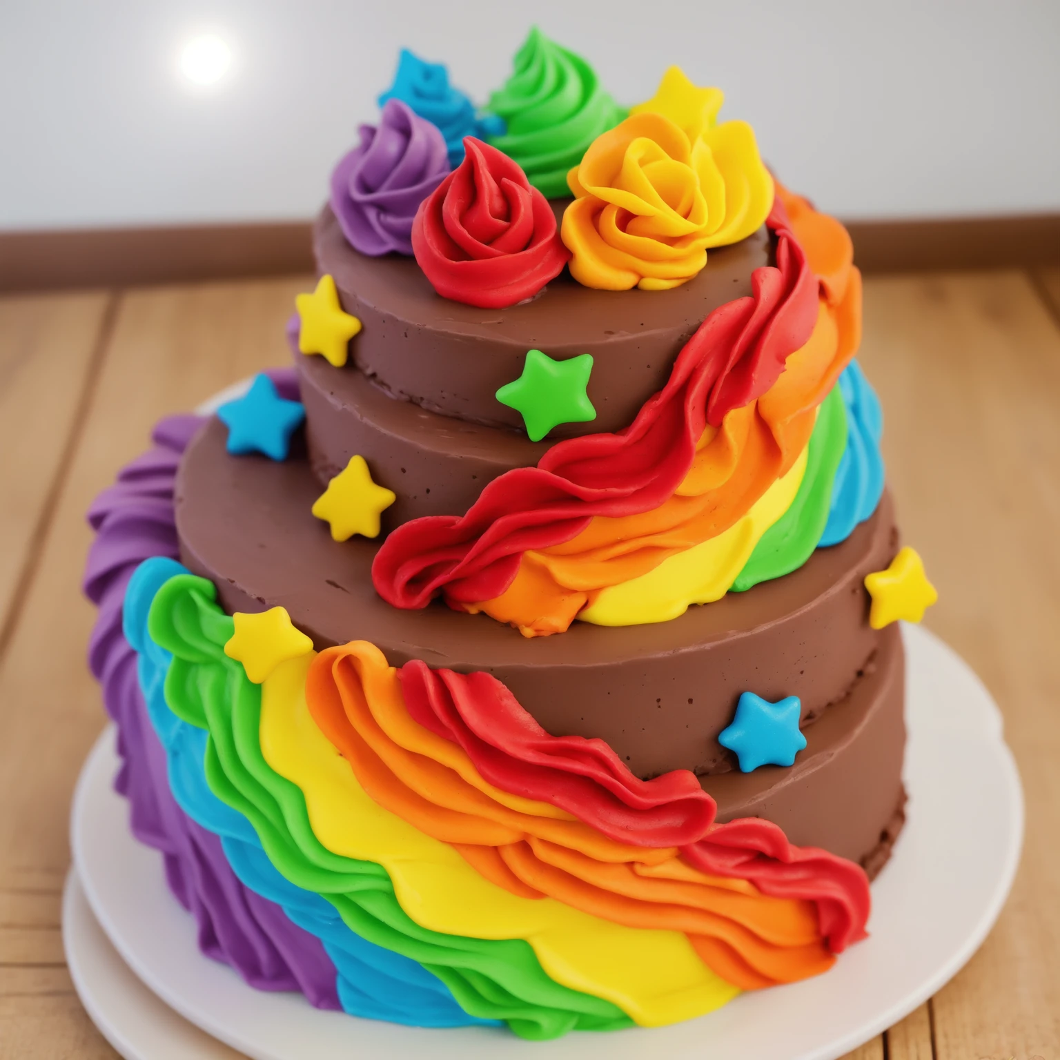 on a wooden table. there is a white plate. two-tier cake, chocolate cream cake, rainbow cream in the form of ruffles, decorated with rainbow stars made of polymer clay, multi-colored cream on top, against the background of the kitchen, Beautiful light from the window, Contour light, several light sources, beautiful lighting, Bright light source, bright lighting, beautiful light sources, Multiple light sources, Realistic style , realistic texture, detailed texture, A high resolution, high quality, beautiful photo of the cake, advertising photo, macro photography
