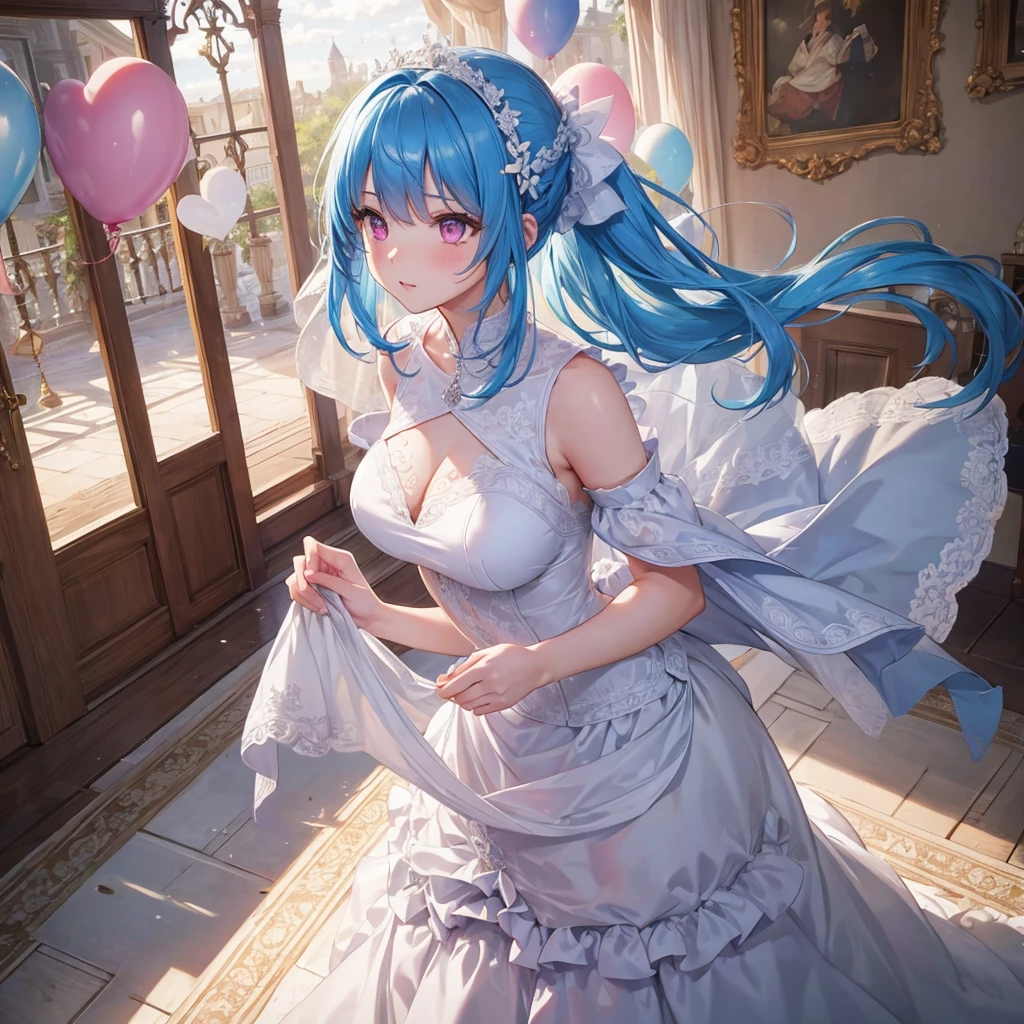 sky Blue hair, (braided ponytail),(pink eyes),fair skin ,(full body),(1 girl),bride,blush,Straight Bangs, June Bride,Wedding dress,(masterpiece, best quality, ultra-detailed, best shadow), (detailed background), (beautiful detailed face), high contrast, (best illumination, an extremely delicate and beautiful), ((cinematic light)), colorful, hyper detail, dramatic light, intricate details,Wedding hall, Balloons flying in the sky,sunshine,