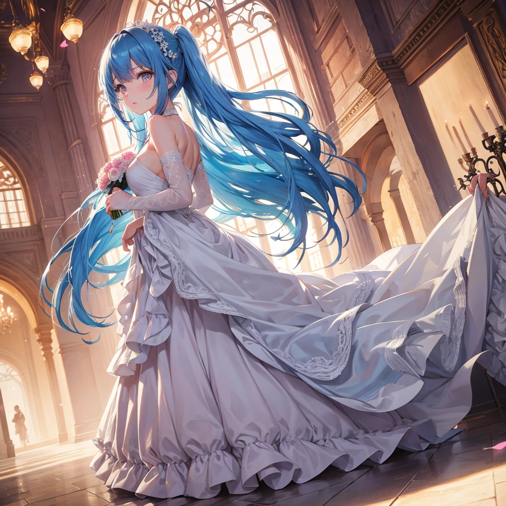 sky Blue hair, (braided ponytail),(pink eyes),fair skin ,(full body),(1 girl),bride,blush,Straight Bangs, June Bride,Wedding dress,(masterpiece, best quality, ultra-detailed, best shadow), (detailed background), (beautiful detailed face), high contrast, (best illumination, an extremely delicate and beautiful), ((cinematic light)), colorful, hyper detail, dramatic light, intricate details,Wedding hall, Balloons flying in the sky,sunshine,