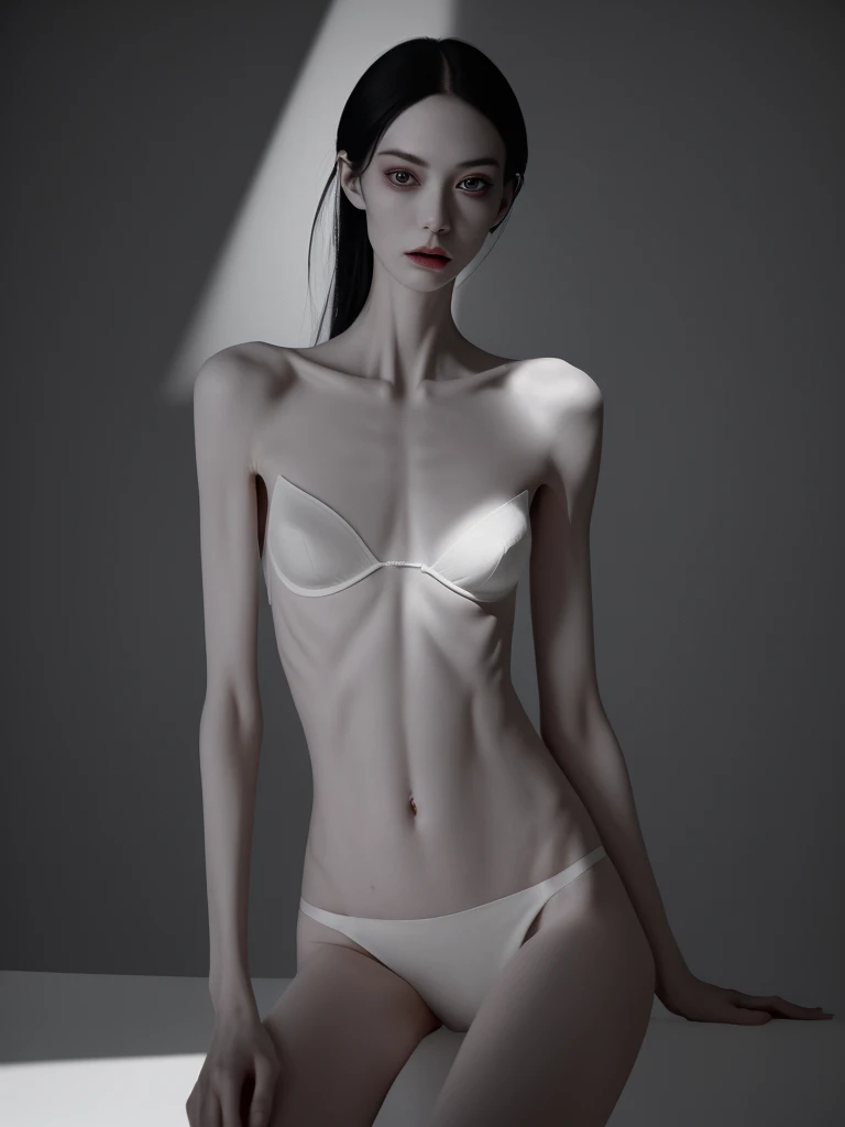 a woman with an extremely thin, emaciated body, visible bones, very slender figure, pale white skin, wearing only panties and a bra, full body tattoo, full body shot, having a mental breakdown, (best quality,4k,8k,highres,masterpiece:1.2),ultra-detailed,(realistic,photorealistic,photo-realistic:1.37),extremely detailed eyes and face,longeyelashes,dramatic lighting,high contrast,cinematic