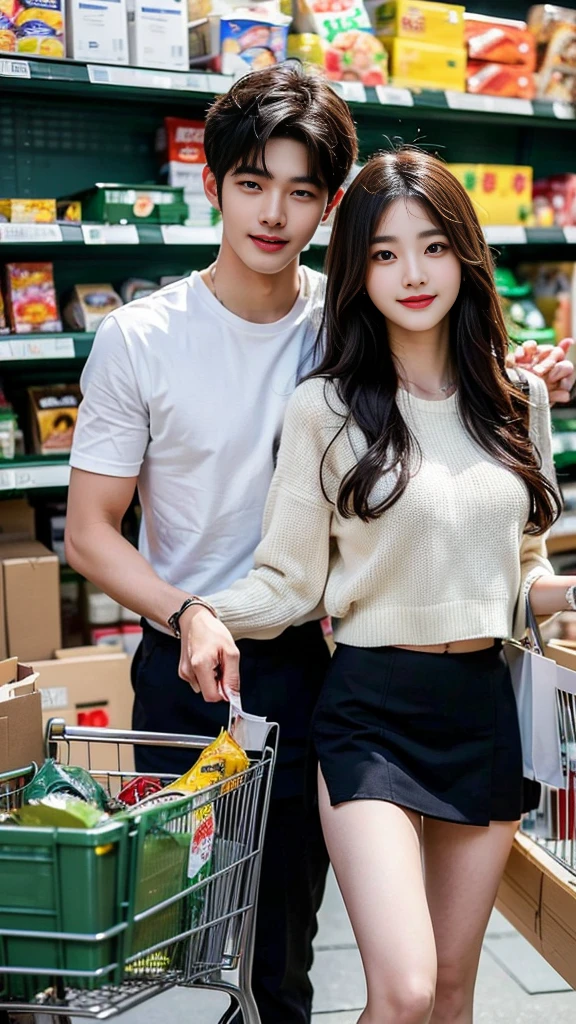 (((sfw : 1.0))), (realistic), (intricate details:1.2), (masterpiece:1.3), (top quality:1.4), (Ultra A high resolution:1.2), 8K resolution, very detailed expression, (high quality), complete anatomy, natural anatomy, full body photo, everyday scene, (handsome korean boy and beautiful korean lover shopping for groceries with a cart at the supermarket:1.4), (happy expression each other :1.4), (Flutter:1.2), (korean :1.3), (22 years old:1.3), (husband and wife :1.3), (The woman wore mini skirt:1.3), (and the man wore man's wear :1.3)