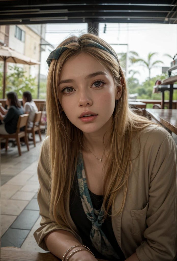 (real photo), White skin, She's in a restaurant, she is in Amazonas, dense forest, she's wearing a rock bandana on her head, It's dark, A living room, television light, bracelets, hippie clothes style, hard shadows, cinematic shot, dramatic lighting, hippie, darkness, Perfect and beautiful, perfect woman, long blonde hair, The hair is thrown to only one side of the body, high resolution, real photo, photorealistic, perfect bory, Sora, midjourney, raw photo, sharp re, by lee jeffries nikon d850 film stock photograph 4 kodak portra 400 camera f1.6 lens rich colors hyper realistic lifelike texture dramatic lighting unrealengine trending on artstation cinestill 800, an aperture of f/5.6, a shutter speed of 1/500s and an ISO sensitivity of 400s, in a realistic and detailed style.