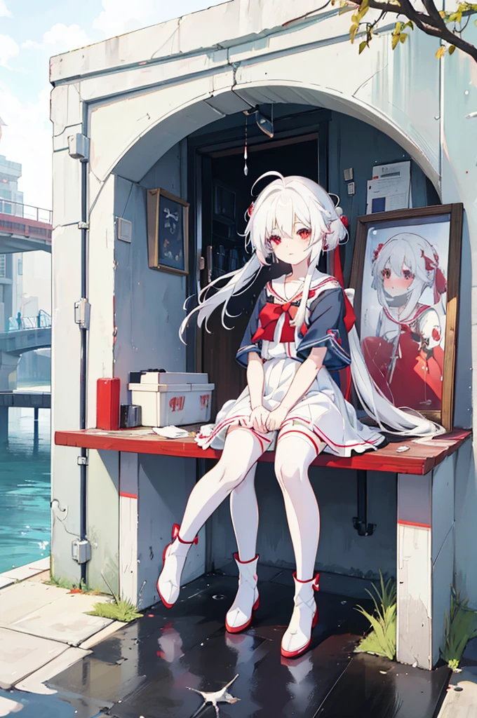 Anime Girls with white hair and red bow sitting on the ground, Sailor dress, Cute girl anime visuals, young Anime Girls, Anime Best Girl, (Anime Girls), pretty Anime Girls, White Hair Girl, beautiful Anime Girls, White background、Full-body portrait、Brown boots、Red Eyes、Marine color dress、Knee-high socks、whiteback、Standing girl