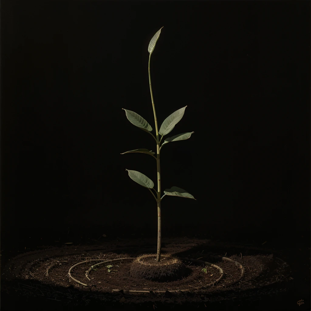 plant borning in ground, ((black background)), ((best quality)), ((Oil on canvas)). 