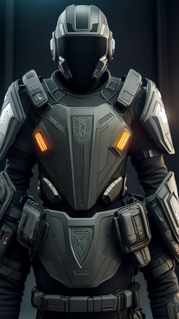 The graphic art image depicts a highly detailed and realistic illustration of a futuristic soldier. The soldier wears advanced body armor with integrated technology, including illuminated elements on the chest piece and helmet. The helmet features a dark visor, and various straps and pouches adorn the body armor. The soldier is equipped with a modern tactical assault rifle with a scope, and wires or tubes run along the suit, suggesting electronic integration or life-support systems. The overall color scheme is monochromatic, emphasizing a stealthy and high-tech appearance.
This image would appeal to fans of science fiction art, character design for games or movies, and futuristic military concepts