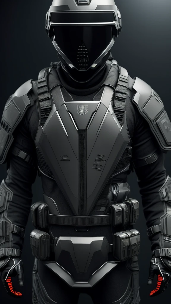 The graphic art image depicts a highly detailed and realistic illustration of a futuristic soldier. The soldier wears advanced body armor with integrated technology, including illuminated elements on the chest piece and helmet. The helmet features a dark visor, and various straps and pouches adorn the body armor. The soldier is equipped with a modern tactical assault rifle with a scope, and wires or tubes run along the suit, suggesting electronic integration or life-support systems. The overall color scheme is monochromatic, emphasizing a stealthy and high-tech appearance.
This image would appeal to fans of science fiction art, character design for games or movies, and futuristic military concepts