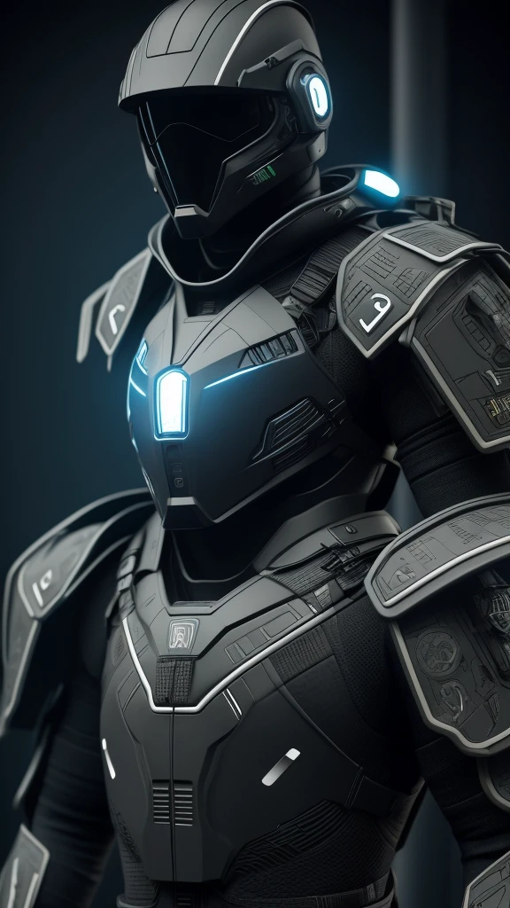 The graphic art image depicts a highly detailed and realistic illustration of a futuristic soldier. The soldier wears advanced body armor with integrated technology, including illuminated elements on the chest piece and helmet. The helmet features a dark visor, and various straps and pouches adorn the body armor. The soldier is equipped with a modern tactical assault rifle with a scope, and wires or tubes run along the suit, suggesting electronic integration or life-support systems. The overall color scheme is monochromatic, emphasizing a stealthy and high-tech appearance.
This image would appeal to fans of science fiction art, character design for games or movies, and futuristic military concepts